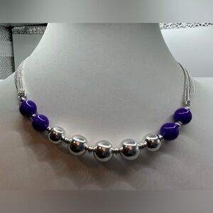 SILVERTONE PURPLE BEADED
STRAND CHOKER NECKLACE